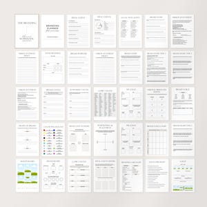 May include: A collection of white paper pages with black text, organized in a grid. The pages contain prompts and worksheets for branding, including sections for ideal clients, brand story, and vision statements. The title "Branding Planner" is visible.