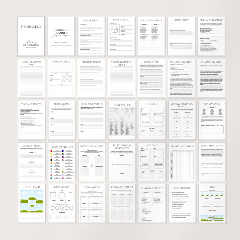May include: A collection of white paper pages with black text, organized in a grid. The pages contain prompts and worksheets for branding, including sections for ideal clients, brand story, and vision statements. The title "Branding Planner" is visible.