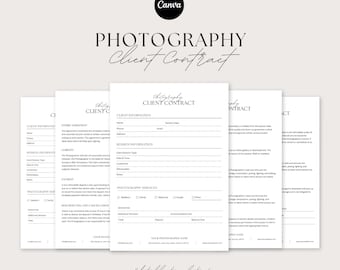 Puede incluir: Un conjunto de plantillas de contratos de clientes de fotografía blancas con texto negro. La hoja superior dice "Photography Client Contract" en una escritura elegante. El logotipo de Canva es visible. La parte inferior de la imagen dice "Editable templates!"