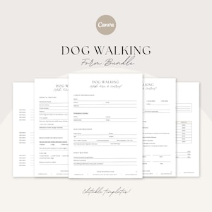 以下が含まれることがあります： 黒いテキストの白い犬の散歩フォームのバンドル。フォームには、病歴、クライアント情報、および毎日のルーチンのセクションが含まれています。「DOG WALKING Form Bundle」という言葉が一番上にあります。 Canvaのロゴは左上にあります。