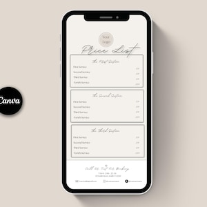May include: A smartphone screen shows a price list template with three sections, each listing four services. The design uses a neutral colour palette with elegant typography. A Canva logo is in the lower left corner.