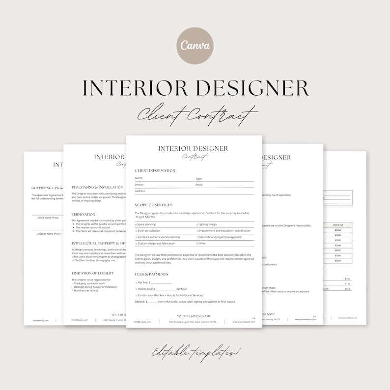 May include: A stack of white Interior Designer Client Contract templates with black text. The top sheet reads "Interior Designer Client Contract" in elegant script. The Canva logo is in the upper left corner. The bottom of the image reads "Editable templates!"