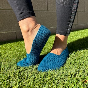 Sparkle-blue crocheted slippers.