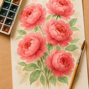 May include: Watercolour painting of pink peonies with green leaves. A palette of watercolour paints and a paintbrush are next to the artwork. The painting features five large, detailed flowers.