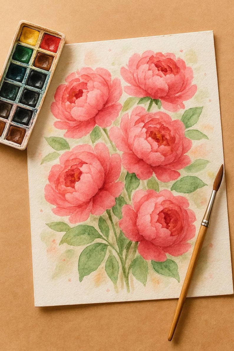 May include: Watercolour painting of pink peonies with green leaves. A palette of watercolour paints and a paintbrush are next to the artwork. The painting features five large, detailed flowers.