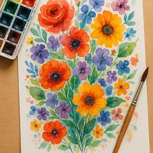 May include: Watercolour painting of a vibrant floral bouquet featuring orange poppies, yellow sunflowers, and purple and blue wildflowers. A watercolour paint set and a paintbrush are next to the artwork. The painting is on white paper.