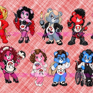 May include: A digital illustration featuring nine anthropomorphic bears styled as characters from The Rocky Horror Picture Show. Each bear has a unique belly badge, costume, and accessory, including fishnet stockings, leather, and props.