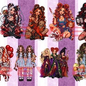 Puede incluir: Una hoja de ilustración digital que presenta doce personajes estilizados inspirados en temas de películas de terror, incluyendo figuras con máscaras, muñecas y atuendos de brujas, dispuestos en dos filas sobre un fondo de rayas verticales moradas y blancas.