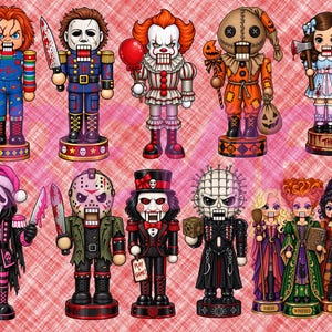 May include: A collection of horror-themed nutcrackers featuring iconic characters like Chucky, Michael Myers, Pennywise, Sam, the Grady twins, Ghostface, Jason Voorhees, Jigsaw, Pinhead, and the Sanderson sisters, all arranged on a pink plaid background.