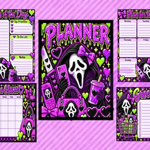 May include: A set of five printable planner pages featuring a black-hooded ghost mask character with purple bows, a knife, a phone, and a handbag. The designs include Plan of the Day, Planner, Plan for the Week, Month at a Glance, and Grocery List.