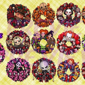 May include: A collection of twelve circular decorative wreaths featuring various horror movie characters, including Freddy Krueger, Sam, Billy, Michael Myers, Jason Voorhees, the Sanderson sisters, Pennywise, Regan, Ghostface, Pinhead, Chucky, and the Grady twins.