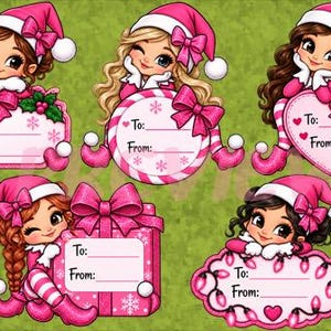 May include: Five digital gift tags featuring cartoon characters in pink Santa hats and outfits. Each tag includes a space for To and From text. The designs include a rectangular tag with holly, a circular candy cane tag, a heart, a gift box, and a light string.