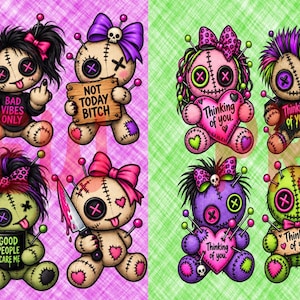 May include: A collection of twenty illustrated voodoo dolls in two distinct groups. The left side features dolls on a pink plaid background with various expressions and text, while the right side shows dolls on a green plaid background holding hearts.