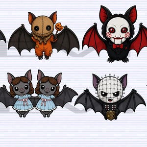 May include: A collection of twelve cartoon-style bat characters, each featuring distinct horror-themed costumes and facial features, including masks, iconic hairstyles, and varied colour palettes, arranged in two rows against a light background.