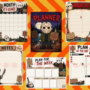May include: A set of five printable planner pages featuring a cartoon character wearing a hockey mask and holding a machete. The pages include a monthly calendar, a grocery list, a notes page, a weekly planner, and a daily plan with text.