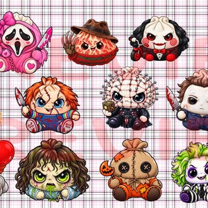 Op de afbeelding: Een verzameling chibi-stijl stickers met horrorfilmfiguren waaronder Jason, Ghostface, Freddy, Jigsaw, Chucky, Pinhead, Michael Myers, Carrie, Pennywise, Regan, Sam, Beetlejuice en Candyman op een roze achtergrond met een raster.