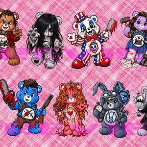 May include: A digital illustration featuring eleven stylized teddy bears dressed as various horror movie characters, including figures with axes, chainsaws, and long dark hair, set against a pink plaid background with a repeating pattern.