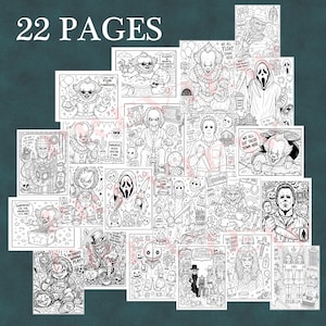 Könnte beinhalten: Eine Sammlung von 22 schwarz-weißen Malvorlagen mit verschiedenen Horrorfilm-Charakteren und Symbolen. Die Illustrationen zeigen Figuren wie Pennywise, Ghostface, Chucky, Jason Voorhees und Michael Myers, jeweils mit einzigartigen thematischen Details.