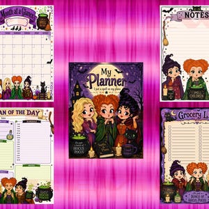 May include: A set of five Hocus Pocus themed planner pages featuring chibi-style illustrations of three witches, black cats, cauldrons, and spellbooks. The pages include a Month at a Glance calendar, a My Planner cover, a Plan of the Day, Notes, and Grocery List.