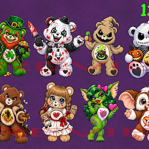 Pode incluir: Uma ilustração digital apresentando 12 ursos de desenho animado estilizados como vários personagens de filmes de terror, dispostos em duas fileiras contra um fundo roxo. O texto 12 BEARS aparece em verde brilhante no canto superior direito.