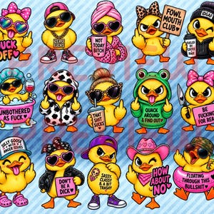 Może przedstawiać: Kolekcja piętnastu ilustracji kaczek w stylu kreskówkowym z różnymi strojami, akcesoriami i napisami, w tym frazami takimi jak DUCK OFF, FOWL MOUTH CLUB, UNBOTHERED AS FUCK, THAT SHIT SUCKS, QUACK AROUND AND FIND OUT oraz BE FUCKING FOR REAL.