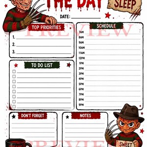 May include: A daily planner sheet featuring a horror-themed design with a character in a brown hat and striped sweater. It includes sections for top priorities, a to-do list, a schedule from 7AM to 9PM, notes, and text reading PLAN FOR THE DAY, NEVER SLEEP, and SWEET DREAMS.