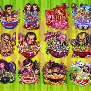 Könnte beinhalten: Eine Sammlung von fünfzehn farbenfrohen grafischen Illustrationen, die Horrorfilmfiguren beim Essen von Müsli aus Schüsseln zeigen. Jedes Design enthält Text wie Ash Cereal, Misery Crunch, Phantasm Cereal, Hocus Pocus Cereal, Candyman Cereal, Norman's Cereal und The Omen.