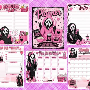 Puede incluir: Un conjunto de seis páginas de planificador imprimibles con un esquema de color rosa y negro, con ilustraciones de una figura enmascarada con túnica. Las páginas incluyen lista de compras, portada, notas, plan diario, plan semanal y calendario mensual.