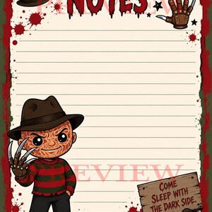 May include: A lined notepad page with a red and green border featuring blood splatters. The top reads NOTES in red dripping letters. A cartoon character in a brown fedora and striped sweater with a bladed glove stands on the left. A wooden sign reads COME SLEEP WITH THE DARK SIDE.