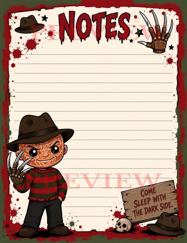 May include: A lined notepad page with a red and green border featuring blood splatters. The top reads NOTES in red dripping letters. A cartoon character in a brown fedora and striped sweater with a bladed glove stands on the left. A wooden sign reads COME SLEEP WITH THE DARK SIDE.