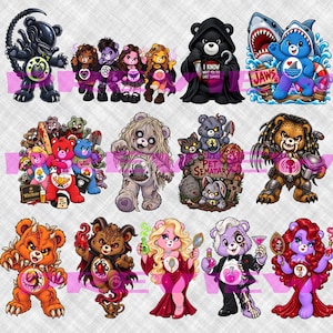 May include: A digital illustration sheet featuring twelve stylized bears inspired by horror movie characters. The bears are depicted in various costumes, including an alien, a shark, a zombie, a vampire, and a witch, with vibrant colors and detailed accessories.
