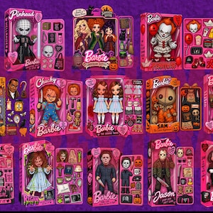 May include: A collection of fourteen Barbie horror-themed collectible doll sets in pink packaging, featuring characters like Pinhead, the Sanderson Sisters, Pennywise, Candyman, Chucky, The Shining Twins, Sam, Freddy Krueger, Ghostface, Regan, Michael Myers, Jason, and Billy.