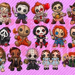 May include: A collection of fifteen stylized plush doll illustrations featuring various horror movie characters, including figures with button eyes, stitched details, and iconic accessories like knives, chainsaws, and balloons on a pink striped background.