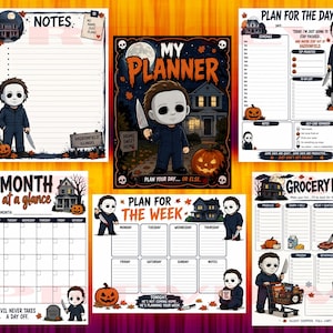 May include: A collection of six Halloween-themed planner pages featuring a cartoon character in a blue jumpsuit and white mask holding a knife. The pages include a cover titled My Planner, a notes page, a daily schedule, a monthly calendar, a weekly planner, and a grocery list, all decorated with pumpkins, houses, and autumn leaves.