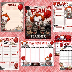 Può includere: Una collezione di pagine per agenda stampate con il clown Pennywise, palloncini rossi e barchette di carta. Il set include una pagina per appunti, un'agenda giornaliera, una lista della spesa, un planner settimanale e un calendario mensile.