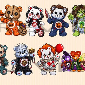 May include: A collection of twelve illustrated teddy bears dressed as various horror movie characters, including figures with knives, masks, and themed belly badges, arranged in two rows against a light background with a faint watermark.