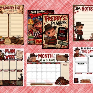 May include: A collection of stationery featuring a horror movie character with a striped sweater, fedora, and bladed glove. The set includes a grocery list, a planner cover, a notes page, a weekly planner, a monthly calendar, and a daily schedule.