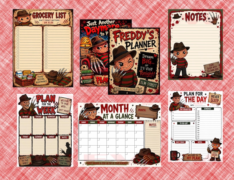 May include: A collection of stationery featuring a horror movie character with a striped sweater, fedora, and bladed glove. The set includes a grocery list, a planner cover, a notes page, a weekly planner, a monthly calendar, and a daily schedule.