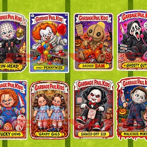May include: A collection of twelve Garbage Pail Kids trading cards featuring horror movie characters including The Sanderson Sisters, Pin-Head, Pennywise, Sacked Sam, Ghosty Guts, Regan Vomitin, Freddy Sleeper, Chucky Chews, Grady Gals, Sawed-Off Sid, Malicious Mikey, and Jason Bashin.