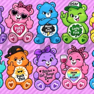 Puede incluir: Una colección de diez osos de dibujos animados de varios colores, cada uno con expresiones, accesorios y texto únicos en sus vientres, incluyendo frases como Zero Fucks Given, Fuck Off, Mood as Fuck, Lucky as Fuck, Sweet But Salty, Fuck This y Not Today Bitch.