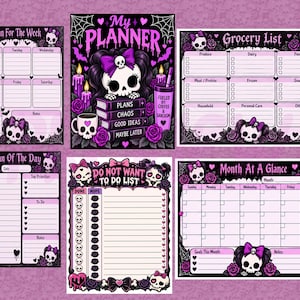May include: A set of printable planner pages featuring a black and purple color scheme with skull illustrations, bows, and roses. The pages include a weekly plan, a grocery list, a daily plan, a to-do list, a monthly calendar, and a cover page.