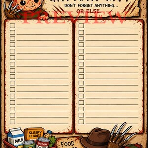 May include: A grocery list notepad featuring a cartoon character in a brown hat and clawed glove. The header reads GROCERY LIST DON'T FORGET ANYTHING... OR ELSE. Two columns of checkboxes and lines are provided. A red basket of food and a sign reading FOOD BEFORE NIGHTMARES are at the bottom.