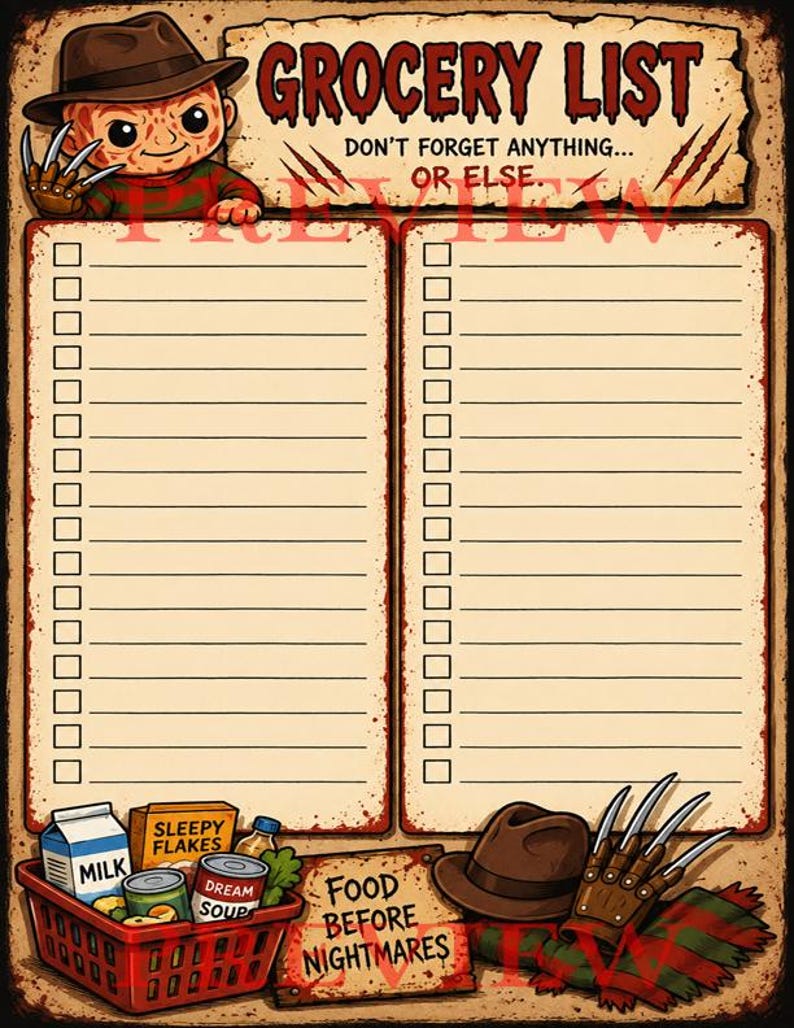 May include: A grocery list notepad featuring a cartoon character in a brown hat and clawed glove. The header reads GROCERY LIST DON'T FORGET ANYTHING... OR ELSE. Two columns of checkboxes and lines are provided. A red basket of food and a sign reading FOOD BEFORE NIGHTMARES are at the bottom.