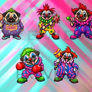 Puede incluir: Cinco ilustraciones de perros pug vestidos de payasos con trajes coloridos. Uno sostiene una paleta con la palabra CHUBBY en su camisa, otros una maza con púas, una pistola de rayos, guantes de boxeo y un mazo. Maquillaje de payaso vibrante.