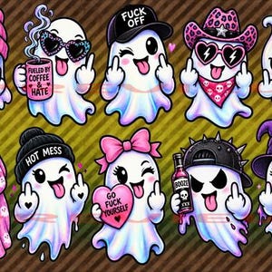 Op de afbeelding: Een verzameling van tien cartoon spookstickers met diverse accessoires en teksten, waaronder Zero Fucks, Fueled by Coffee & Hate, Fuck Off, Bitch Please, Not Today Asshole, Hot Mess, Go Fuck Yourself, Booze en Stay Spooky & Fuck People.