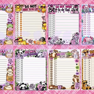 May include: A collection of twelve rectangular paper to-do lists featuring various cartoon animal themes, including bears, sloths, pandas, and cats. Each sheet is titled DO NOT WANT TO DO LIST and contains lined spaces for writing tasks.
