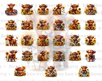 Highland Cow Sunflowers Clipart Transparent Background Commercial Use ...