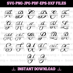 May include: A set of 26 split monogram letters in a cursive font. Each letter is separated by a horizontal line. The letters are black and white.