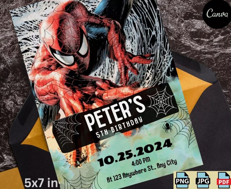 Editable Birthday Invitation Spiderman Kids Digital Download Canva ...