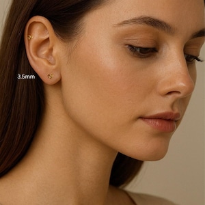 Può includere: Primo piano di un orecchio con due piccoli orecchini a forma di cuore dorati. Gli orecchini sono di 3,5 mm. La persona ha i capelli castani e la pelle chiara.